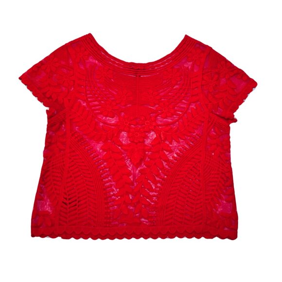 Express Embroidered Floral Sheer Lace Short Sleeve Top Red Size XS - Picture 5 of 9